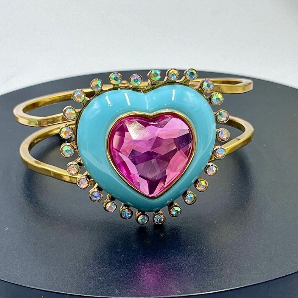 Betsey Johnson‎ Signed Candy Land Pink Heart Rhinestone Blue Enamel Bangle